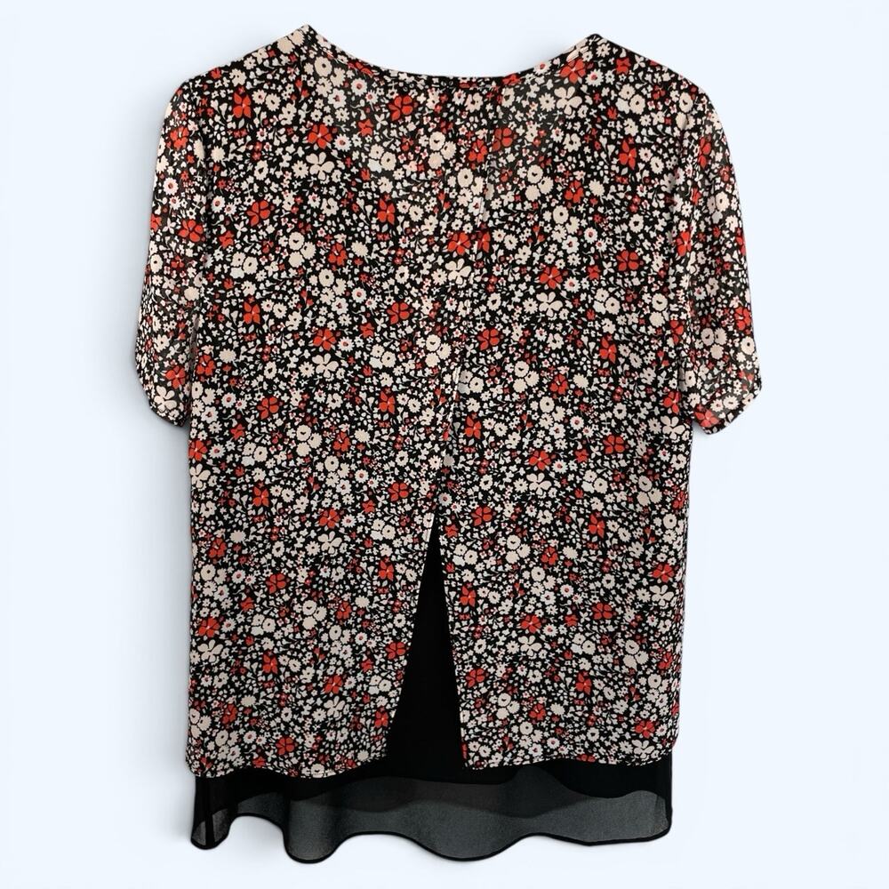 Michael Kors Women's Floral Short Sleeve Split Back Sheer Layers Size Medium - Picture 2 of 6